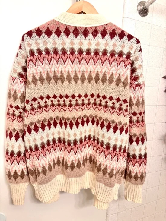 New In Open Fair Isle Cardigan Sweater Oversized Size Medium Cottagecore Spring - Picture 3 of 7